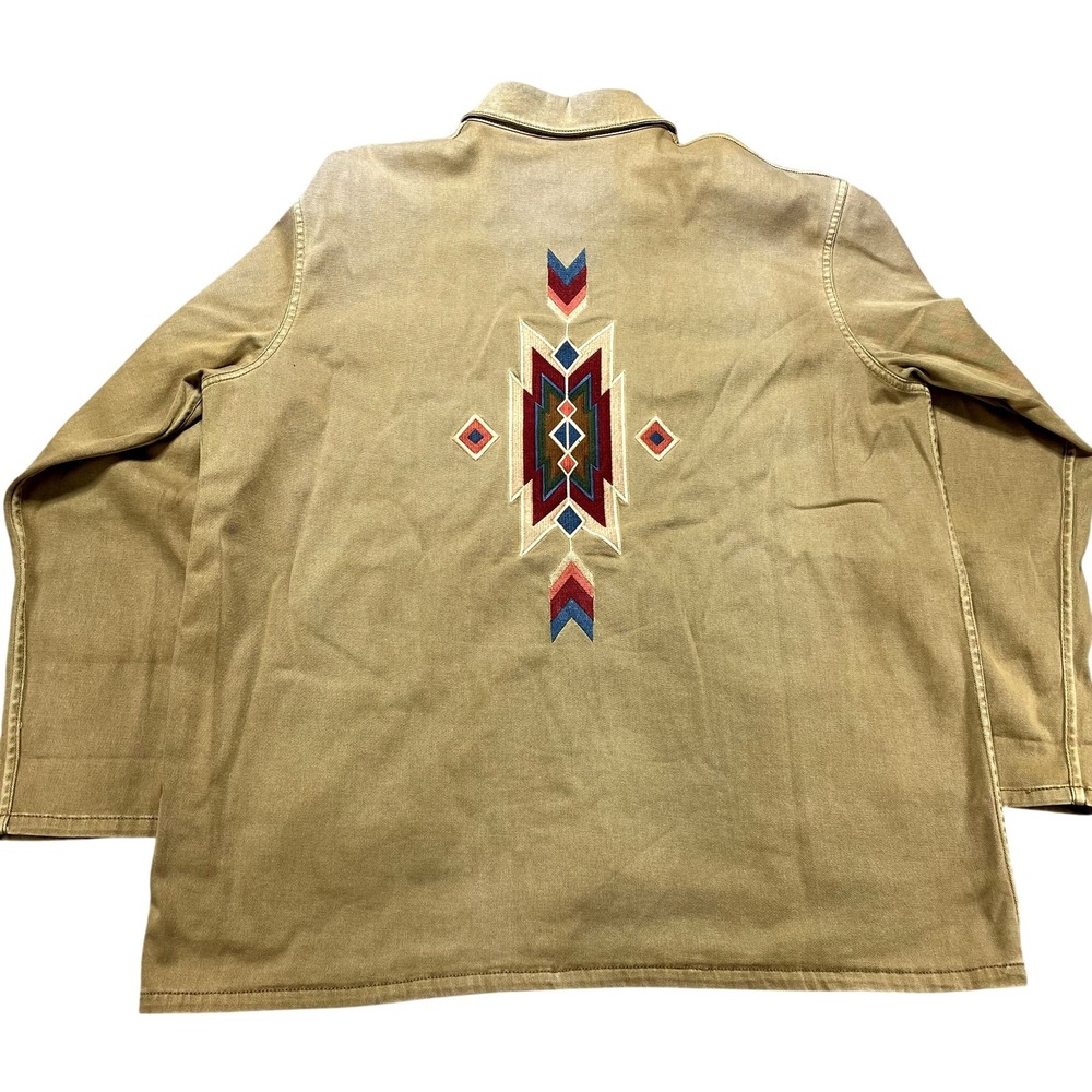 Orvis Jacket Mens L Brown Canvas Western Chore Aztec Embroidered Back Workwear